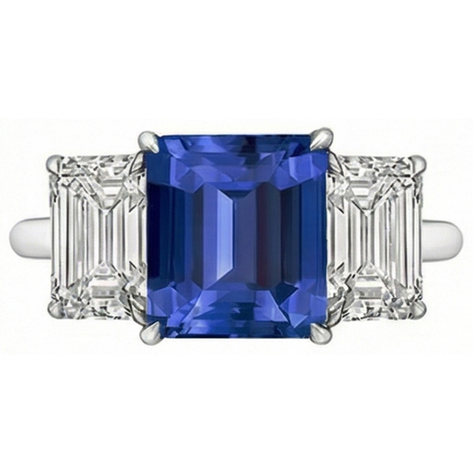 Emerald Three Stone Blue Sapphire Ring 3 Carats Gold Jewellery
