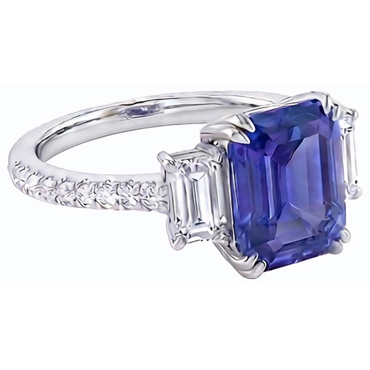 Emerald Three Stone Blue Sapphire Ring & Pave Set Natural Earth Mined Diamonds 3 Carats