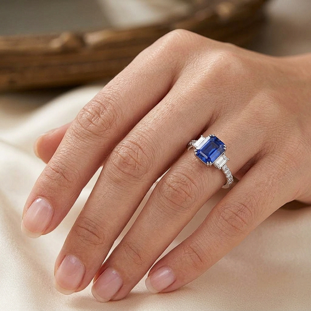 Emerald Three Stone Blue Sapphire Ring & Pave Set Natural Earth Mined Diamonds 3 Carats