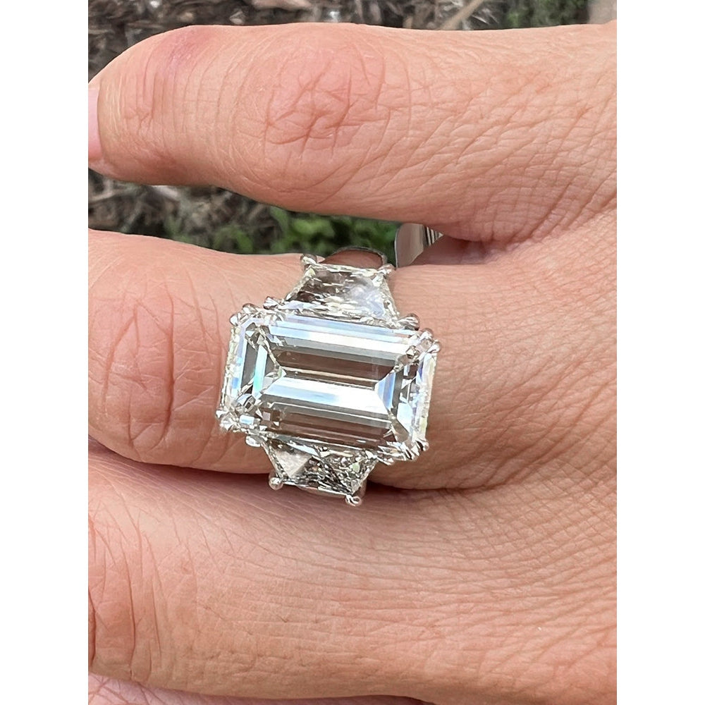 Emerald Trapezoid Big Natural Diamond Three Stone Ring 9 Carats