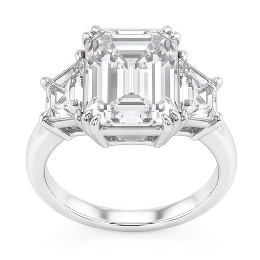 Emerald Trapezoid Big Natural Earth Mined Diamond Three Stone Ring 9 Carats