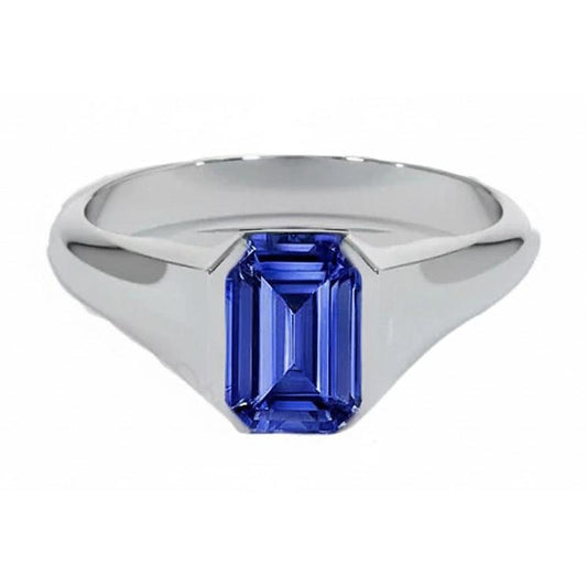 IGI CERTIFIED Emerald Cut Solitaire Blue Sapphire Gents Ring White Gold 4 Carats New