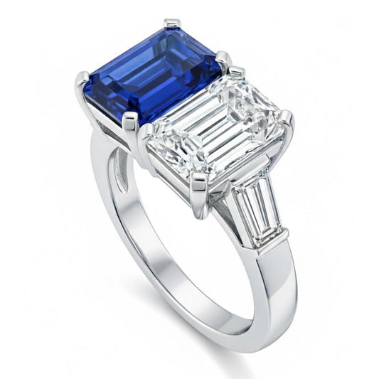 Emerald IGI CERTIFIED Diamond & Blue Sapphire Ring 4.50 Carats Gold Baguette Accents