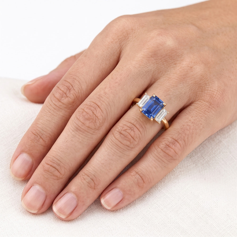 Engagement 3 Stone Blue Sapphire Emerald & Baguette Cut Ring 3 Carats