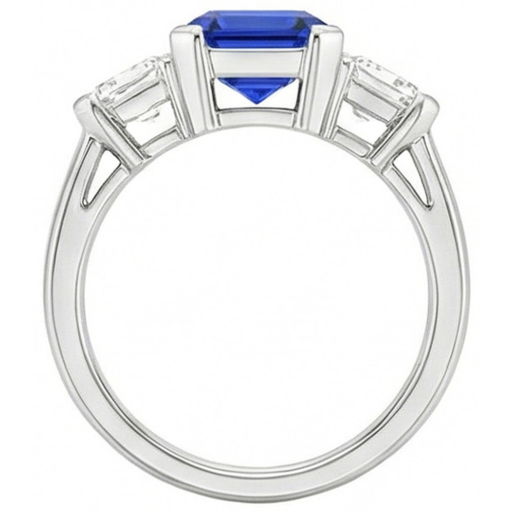 Engagement 3 Stone Natural Earth Mined Diamond Ring Asscher Sri Lankan Sapphire 2 Carats