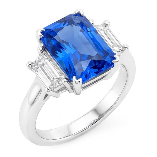 Engagement 3 Stone Radiant Sapphire Ring 3 Carats Emerald Natural Earth Mined Diamonds