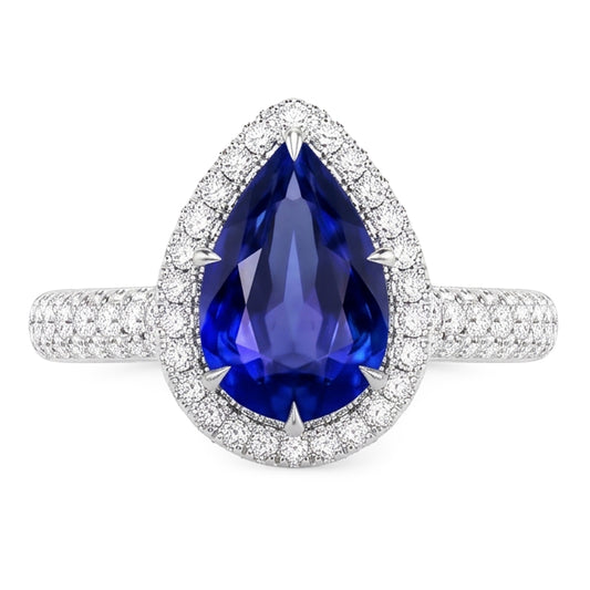Engagement Halo Ring Pear Blue Sapphire & Natural Earth Mined Diamonds 5.50 Carats