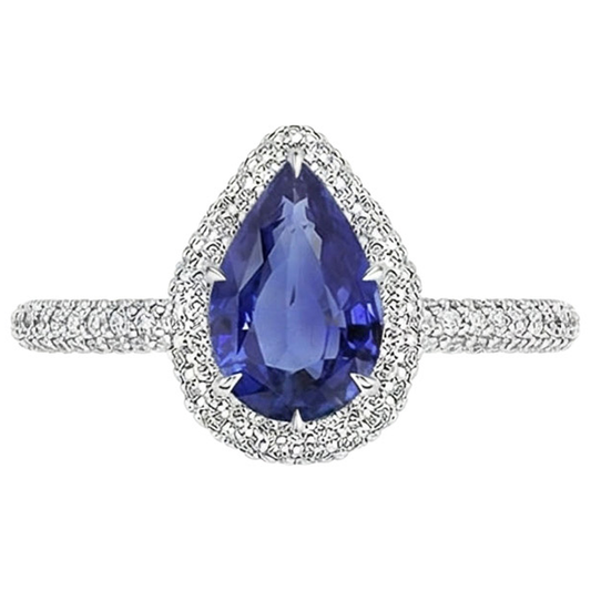 Engagement Halo Ring Pear Blue Sapphire & Natural Earth Mined Diamonds 5.50 Carats