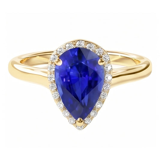 Engagement Halo Ring Pear Cut Blue Sapphire & Natural Earth Mined DIAMOND ( NOT LAB GROWN )s 4 Carats