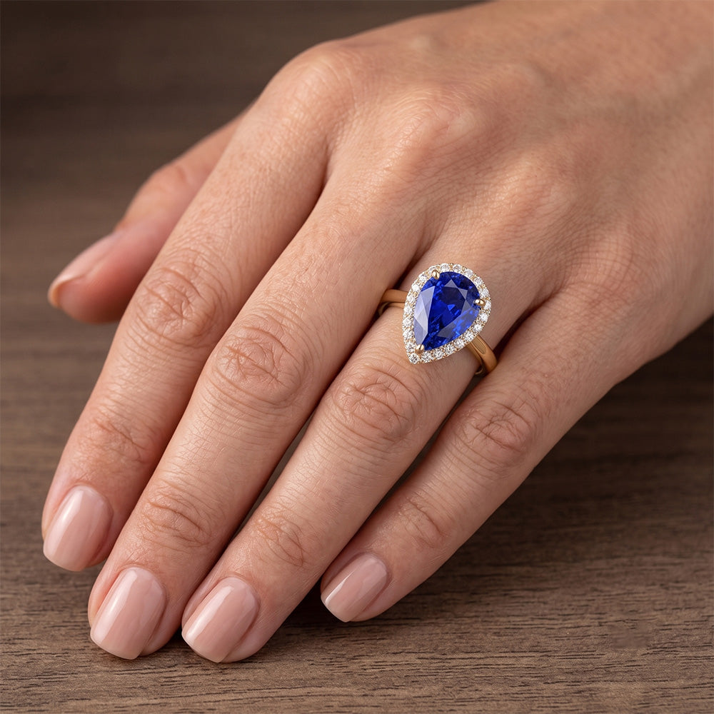 Engagement Halo Ring Pear Cut Blue Sapphire & Natural Earth Mined DIAMOND ( NOT LAB GROWN )s 4 Carats