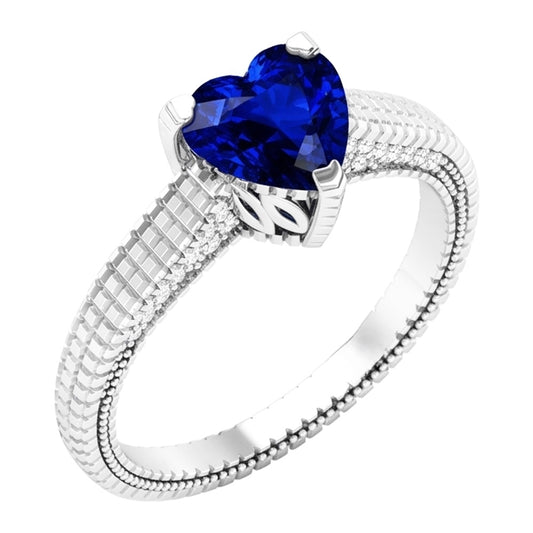 Engagement Natural Earth Mined Diamond Ring Heart Blue Sapphire Antique Style 1.75 Carats