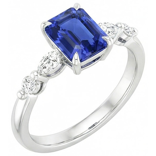 Engagement Ring 5 Stones Radiant Ceylon Sapphire & Natural Earth Mined Diamond 4 Carats