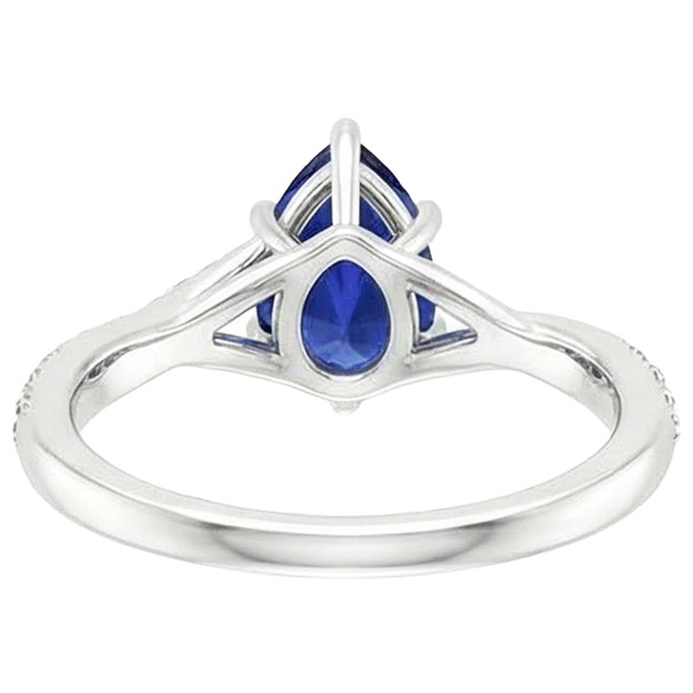 Engagement Ring Split Shank Pear Blue Sapphire & Natural Earth Mined Diamonds 3.25 Carats