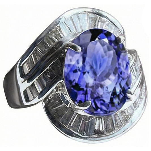 Fancy Women Ring Tanzanite Oval And Baguette Natural Earth Mined DIAMOND ( NOT LAB GROWN )s New 5 Ct.