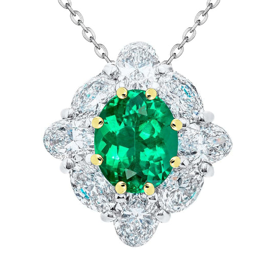 Fine Emerald Oval Cut Precious Stone Pendant in 14K Two Tone Gold – main view