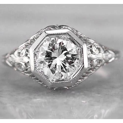 Filigree Round Real Diamond Ring 2 Carats White Gold 14K