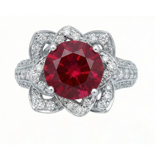 Flower Style 2.51 Ct Red Ruby & White Round Natural Earth Mined Diamonds Ring Gemstone