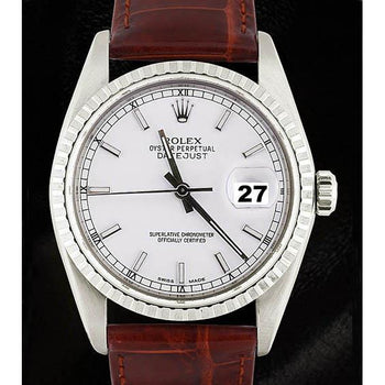 Fluted Bezel Rolex Ss Men's Watch Date Just Brown Leather Band QUICK SET1