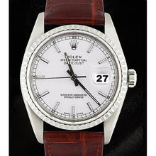 Fluted Bezel Rolex Ss Men's Watch Date Just Brown Leather Band QUICK SET1