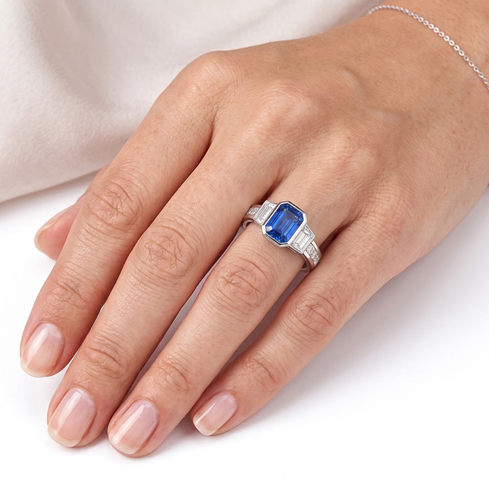 Gemstone Bezel Set Radiant Sapphire Ring Natural Earth Mined Diamond Jewellery 2.50 Carats