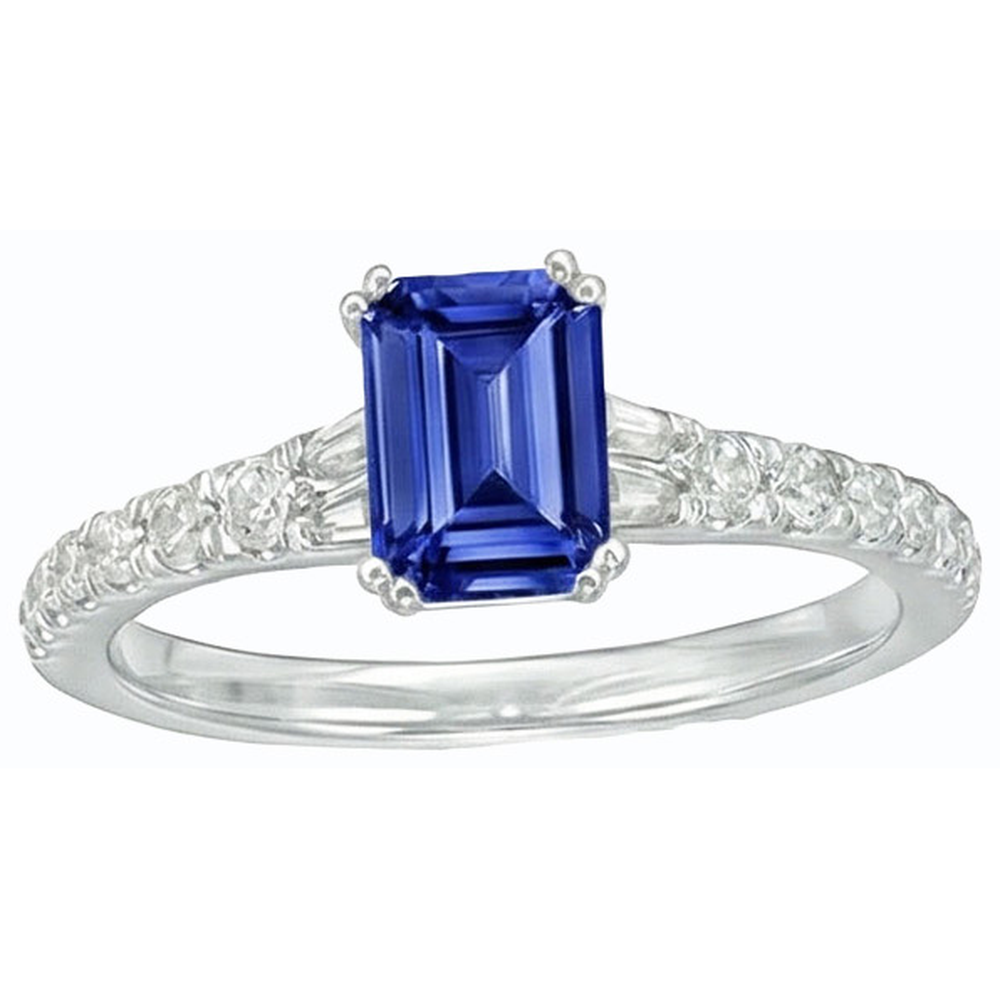 Gemstone Blue Sapphire Ring Baguette & Round Accents 3.50 Carats