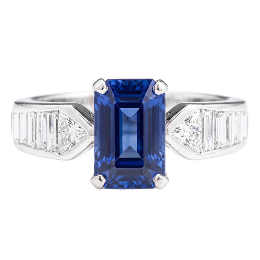 Gemstone Blue Sapphire Ring Trillion & Baguettes Accented 3.50 Carats