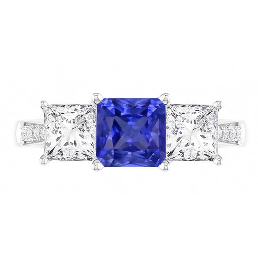 Gemstone Cushion Sapphire Ring Princess & Round Natural Earth Mined Diamonds 3 Carats