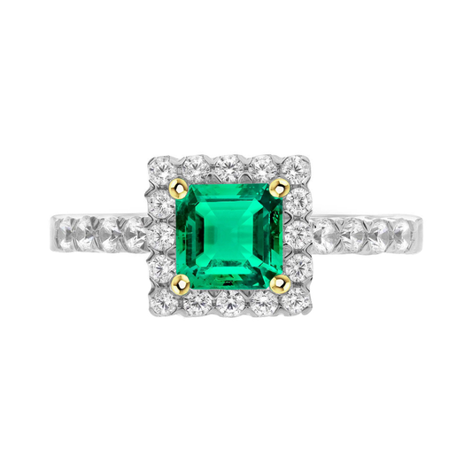Colombian Emerald Step Cut Precious Stone Ring in 14K Two Tone Gold – main view