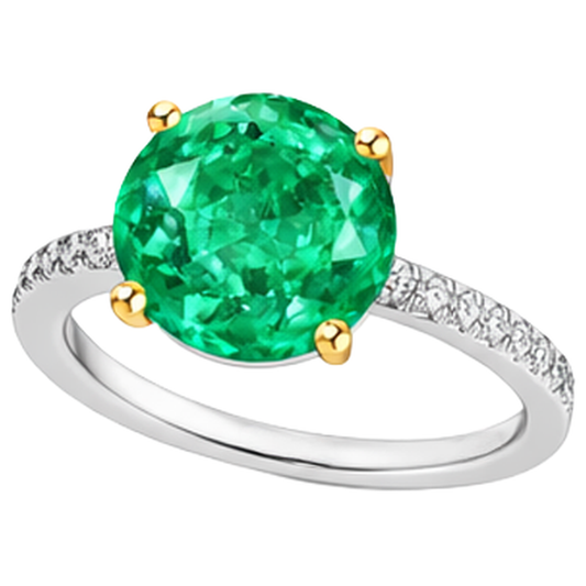 Colombian Emerald Round Brilliant Gemstone Ring in 14K Two Tone Gold – front view