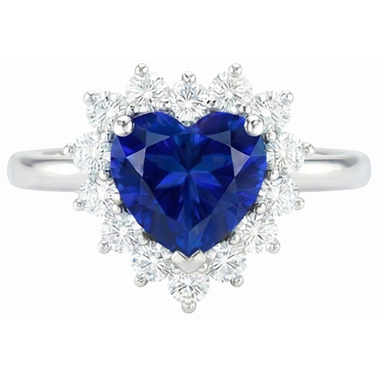 Gemstone Halo Heart Blue Sapphire & Natural Earth Mined Diamond Ring Star Style 3 Carats