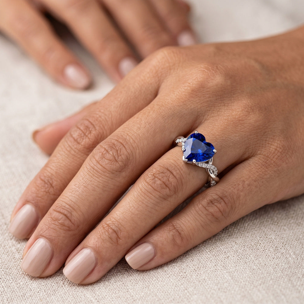 Gemstone Heart Blue Sapphire Ring Twisted Style 3.50 Carats Natural Earth Mined Diamonds
