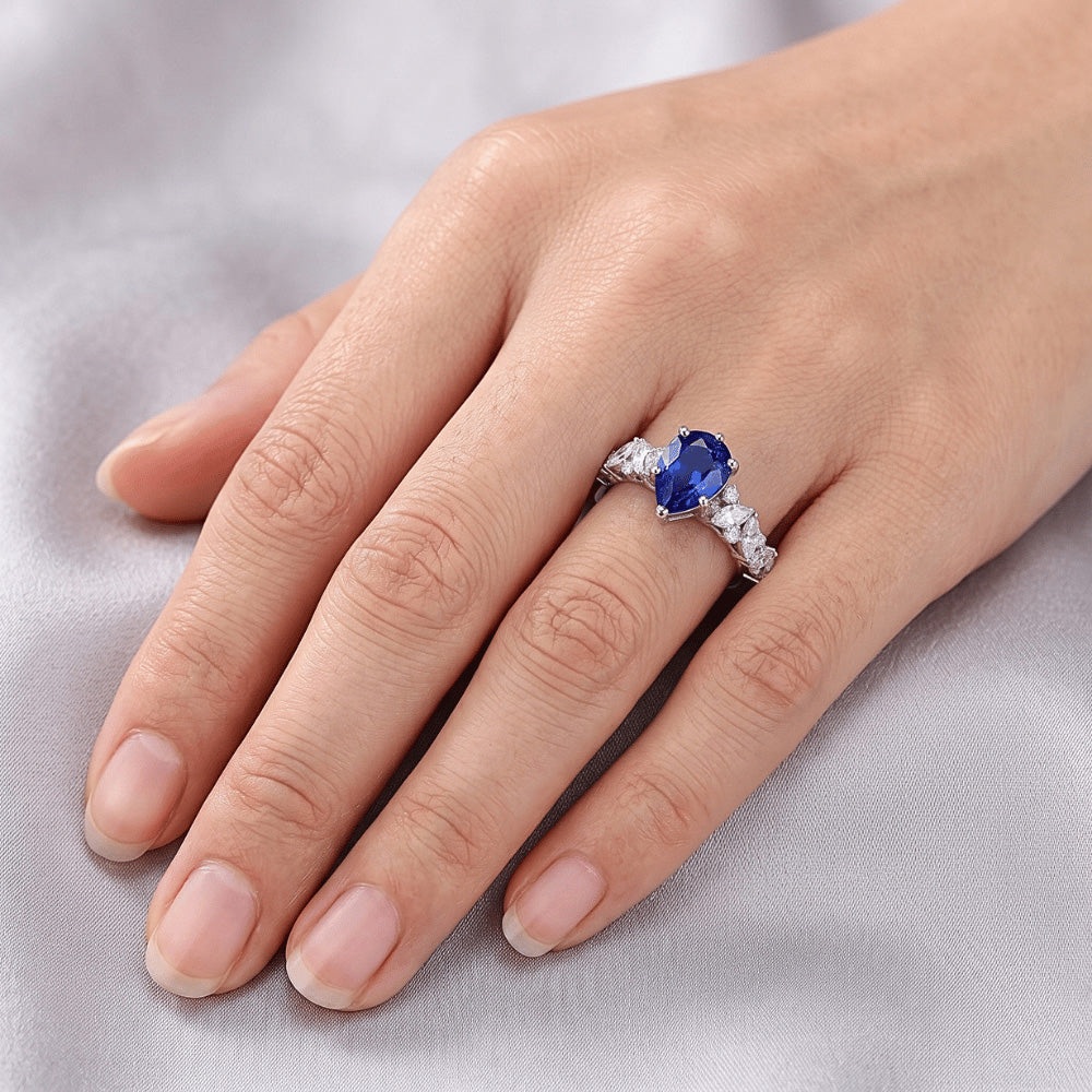Gemstone Jewellery Blue Sapphire Ring Marquise & Round Natural Earth Mined Diamonds 3 Carats
