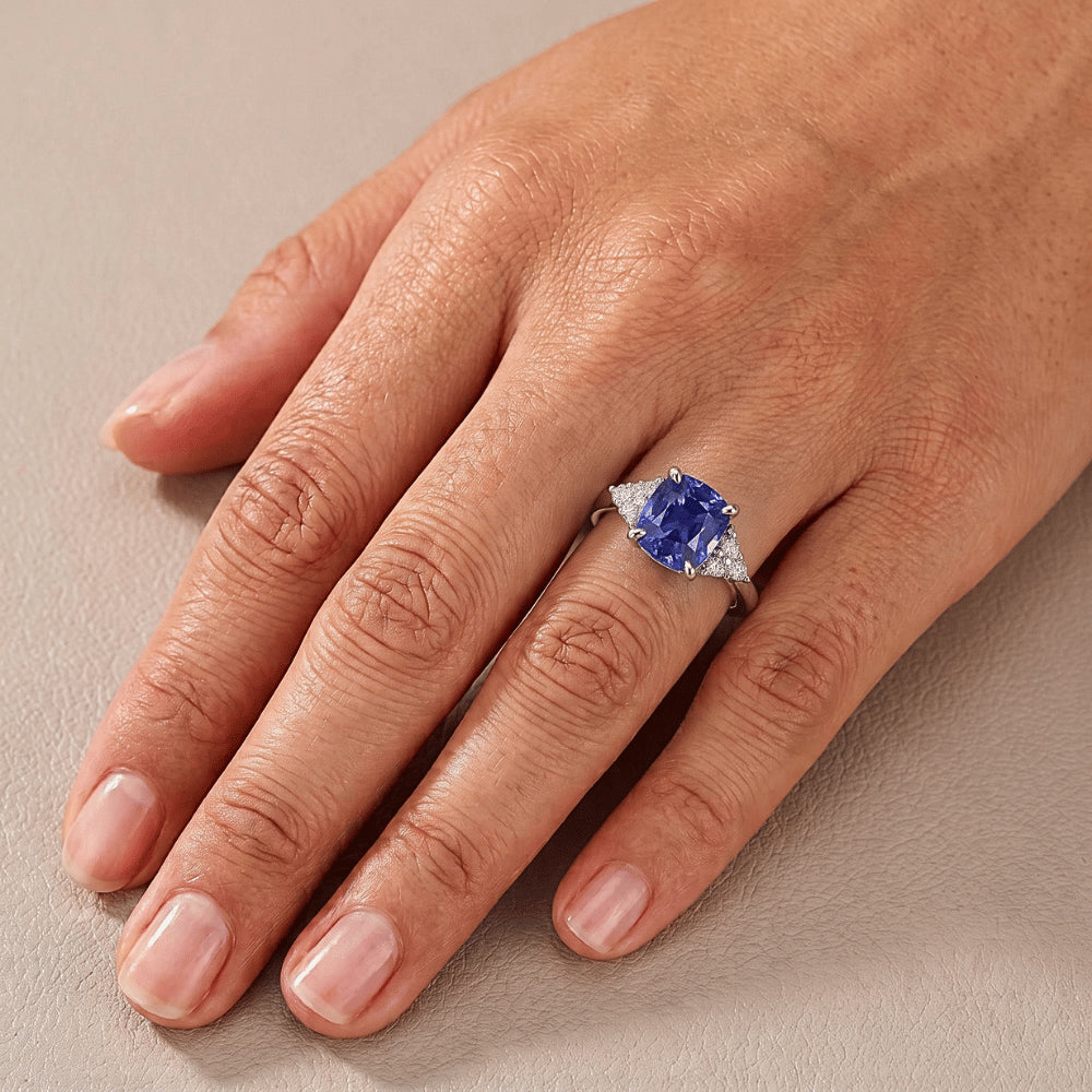 Gemstone Jewellery Cushion Sapphire Ring 2.50 Carats Small Round Natural Earth Mined Diamond