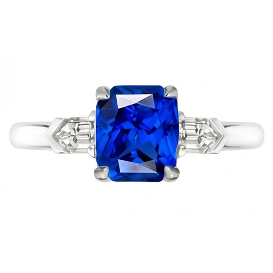 Gemstone Jewellery Radiant Sapphire & Baguette Natural Earth Mined Diamond Ring 1.75 Carats
