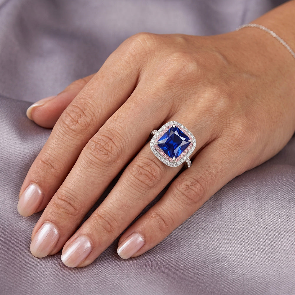 Gemstone Natural Earth Mined Diamond Ring Blue & Pink Sapphire Double Halo 6.50 Carat Gold