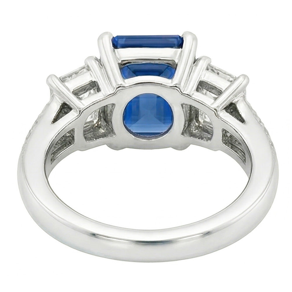 Gemstone Radiant Sapphire Ring 4.50 Carats Emerald & Round Natural Earth Mined Diamonds