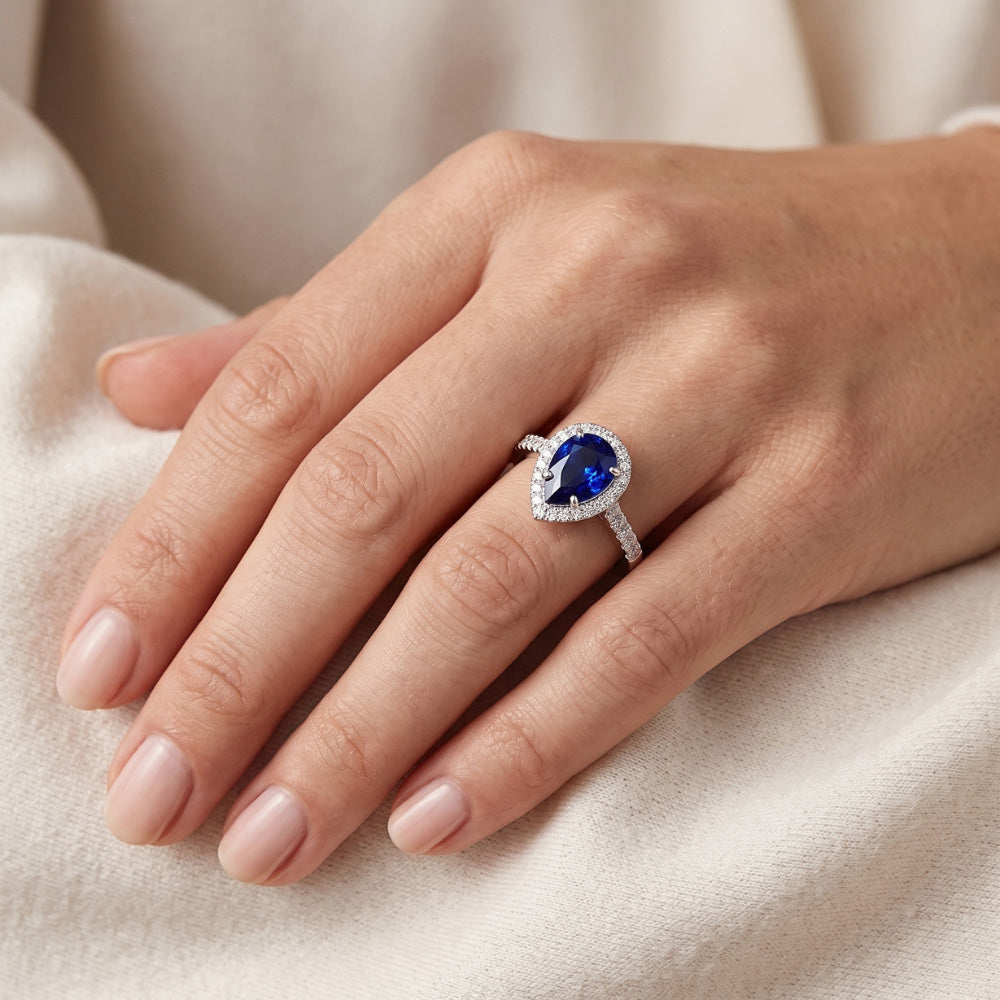 Gemstone Ring 14K White Gold – Royal Blue Sapphire Pear Cut 1.50
