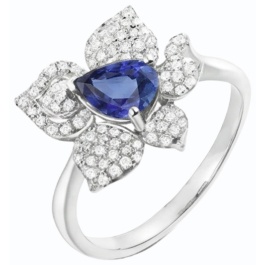 Gemstone Ring Blue Sapphire & Natural Earth Mined Diamonds 2.50 Carats Flower Style