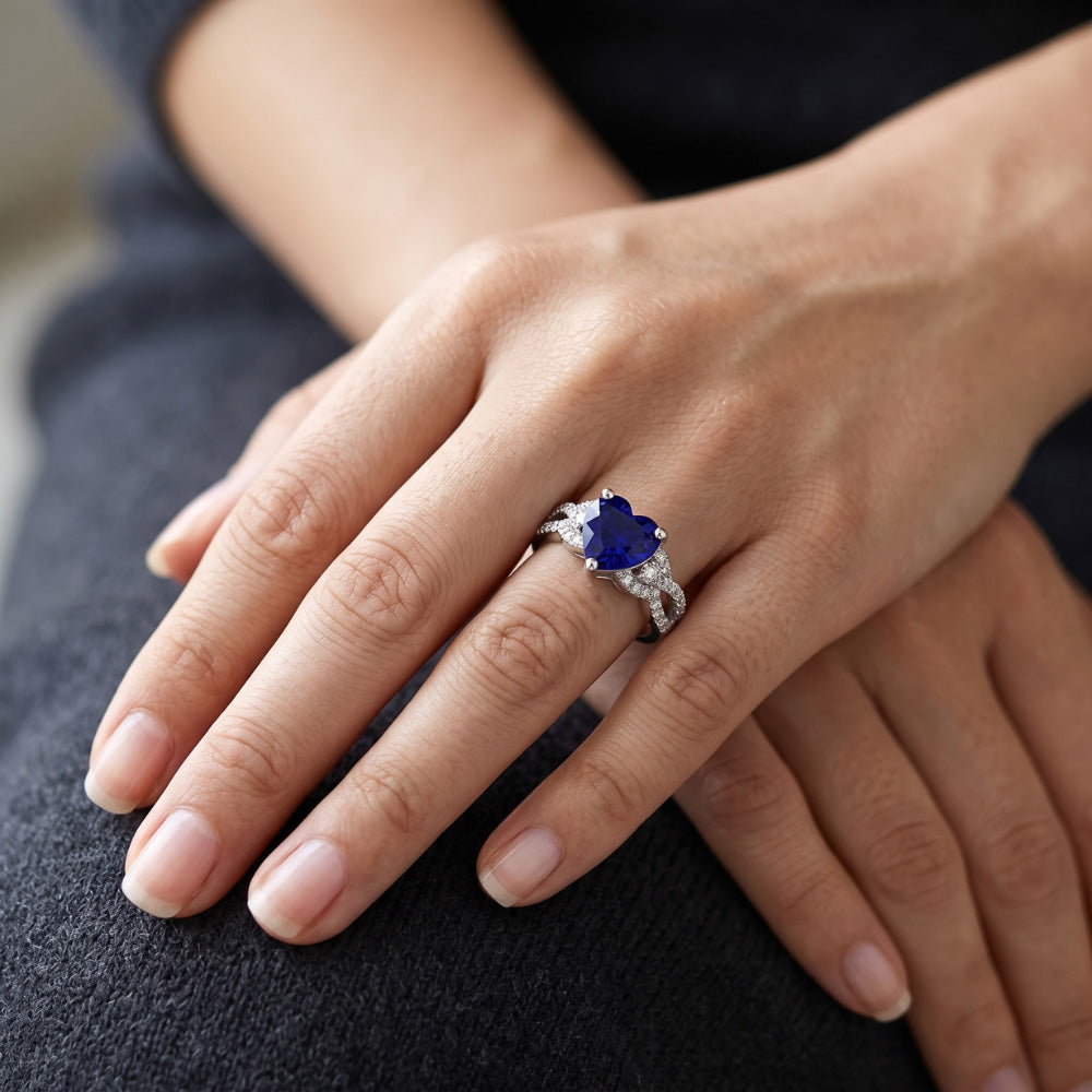 Gemstone Ring Heart Cut Blue Sapphire Split Shank 4.50 Carats