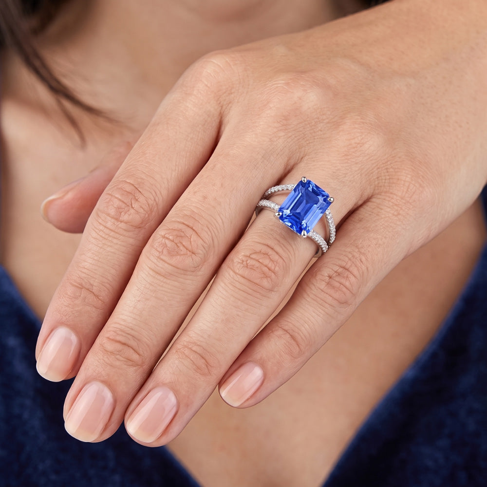 Gemstone Ring Radiant Blue Sapphire Split Shank Round Natural Earth Mined Diamond 5 Carats
