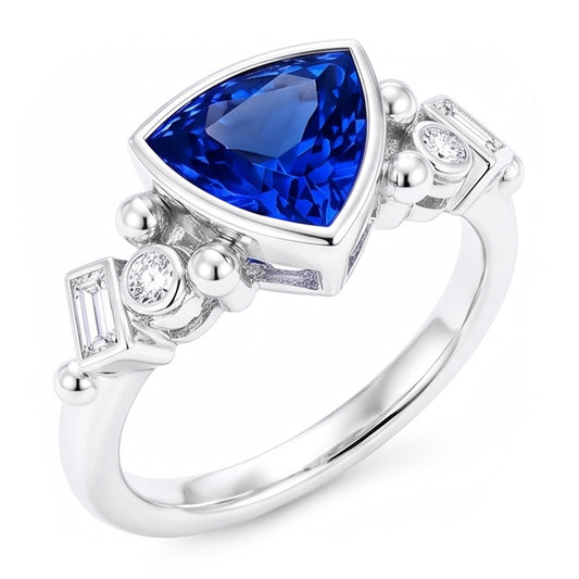 Gemstone Trillion Bezel Set Blue Sapphire Ring 2 Carats Baguette Natural Earth Mined Diamonds