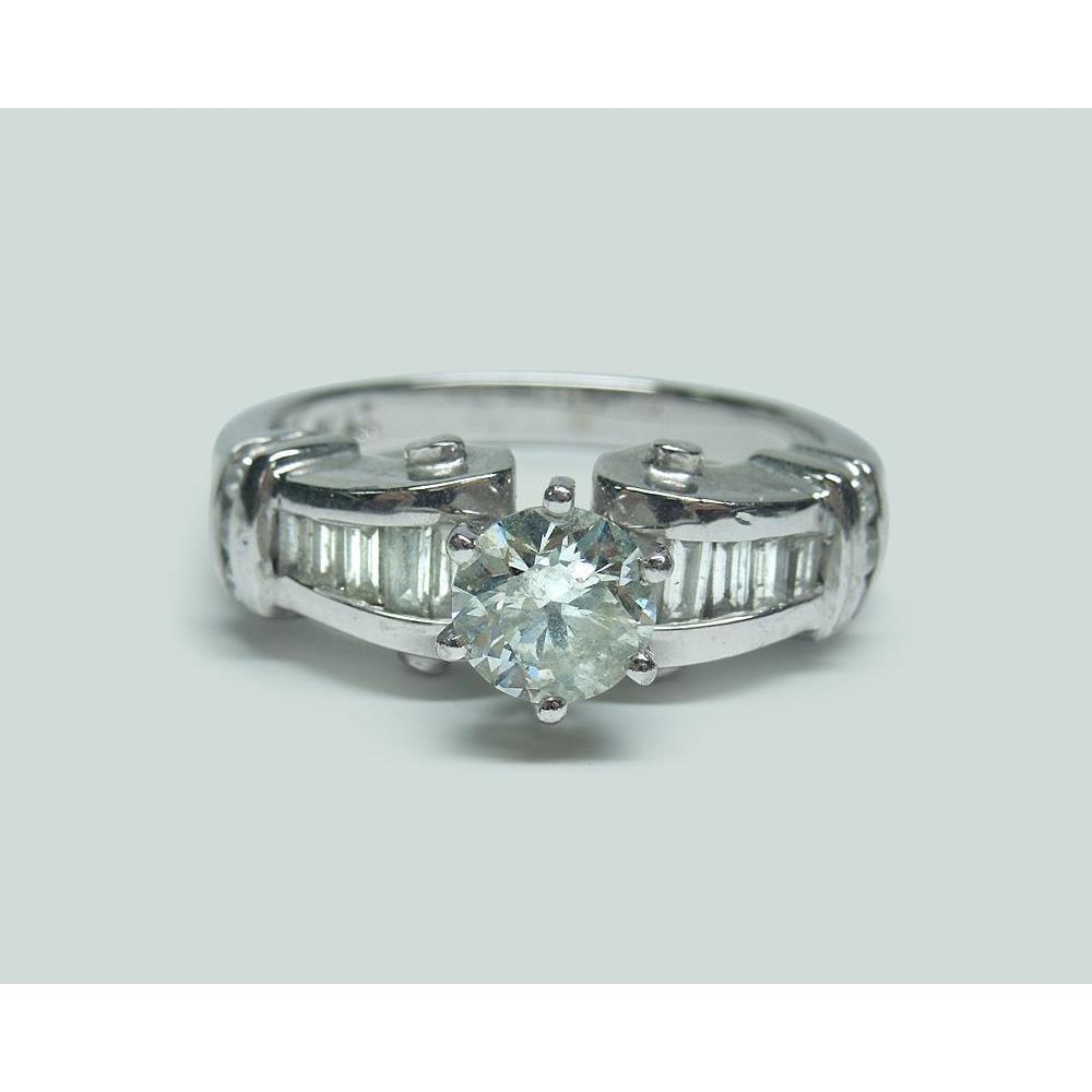 Genuine 1.50 Carats Round And Baguette Diamond Engagement Ring White Gold 14K