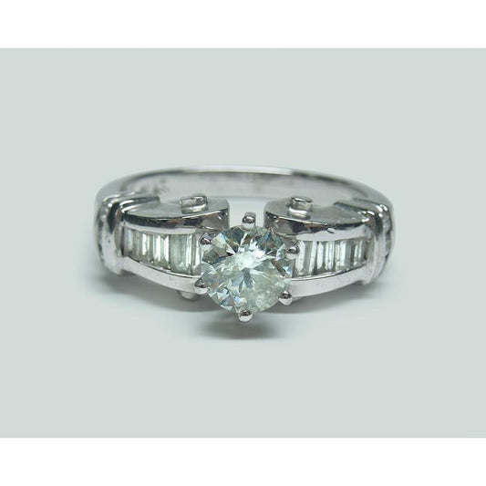 Genuine 1.50 Carats Round And Baguette Diamond Engagement Ring White Gold 14K