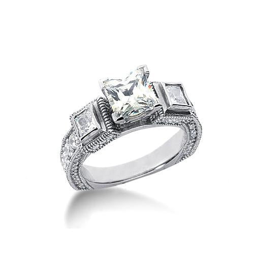 Genuine 3 Stone Euro Shank Antique Style Engagement Ring White Gold 14K