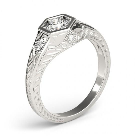 Genuine Diamond Engagement Ring Engraved Antique Style WG 14K