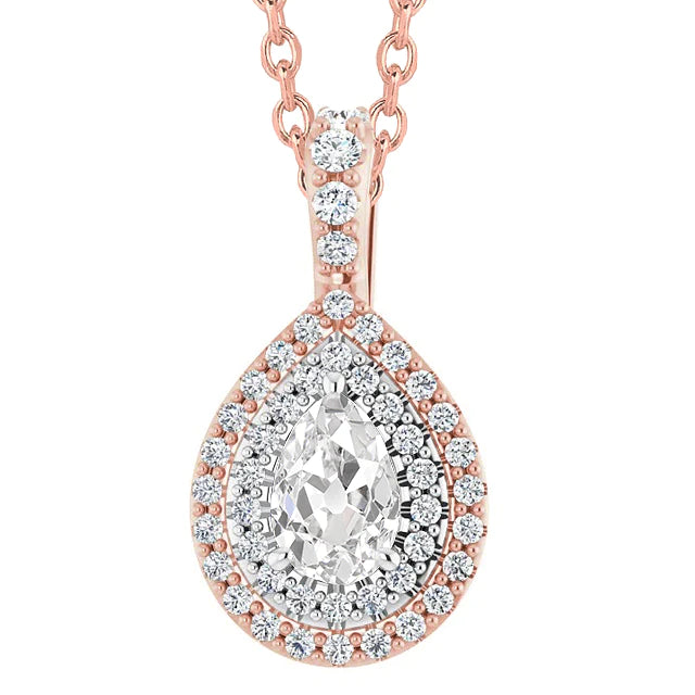 Genuine Diamond Halo Pendant Pear Old Mine Cut 6 Carats Two Tone 14K