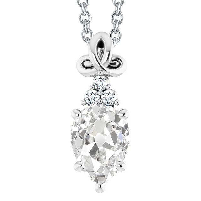 Genuine Diamond Pendant Slide Pear Old Miner 3.50 Carats Prong Set With Chain
