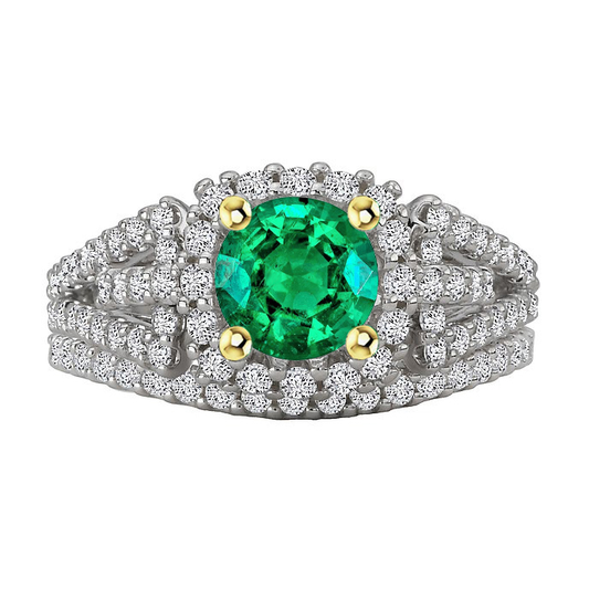 Emerald Round Cut Gemstone Ring in Two-Tone 14K Gold – main view
