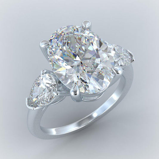 Genuine Oval & Pear Diamond 8 Carats 3 Stone Engagement Ring White Gold 14K