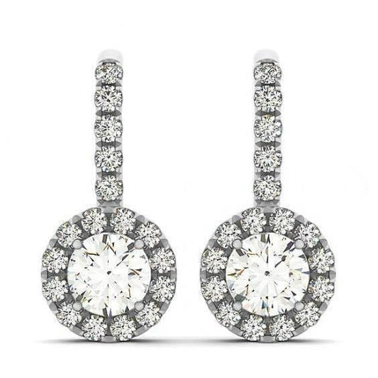 Genuine Round Natural Earth Mined Diamonds 2.50 Carats Halo Dangle Earrings White Gold 14K